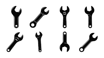 Vector illustration of set of eight black silhouette wrench icons with grunge texture isolated on transparent background 