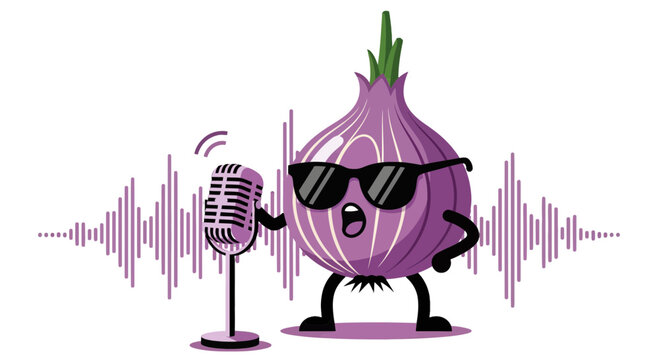 Onion Mascot Singing With Microphone Against Black Backdrop, Music Concept