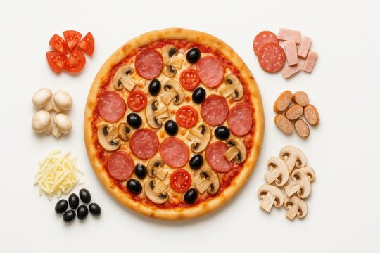 Whole pizza with assorted toppings neatly arranged on white background top down view tasty italian food concept for creative menu layout fast food delivery and restaurant advertising design