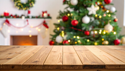 Festive Christmas magic with an empty wooden table perfect for showcasing your holiday products or seasonal promotions in a cozy, inviting setting