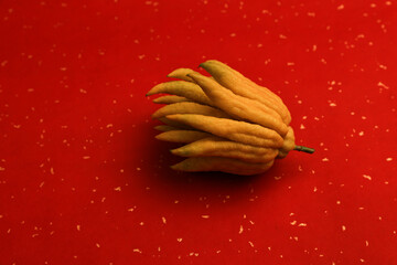 Red Background with Golden Dots, Auspicious Buddha's Hand Fruit