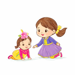 Charming Cartoon Illustration of Big Sister Helping Crawling Baby Sister