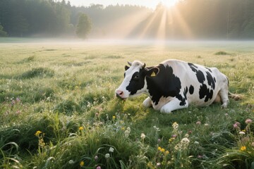 A black and white cow resting in a sunlit meadow with wildflowers at dawn