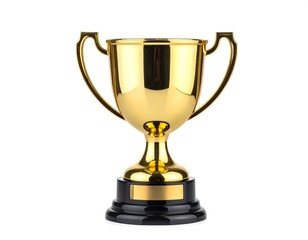 Gleaming gold cup with black base and handles, isolated against a plain white backdrop