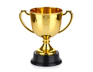 Gleaming gold cup with curved handles and black base, standing on a pristine white background