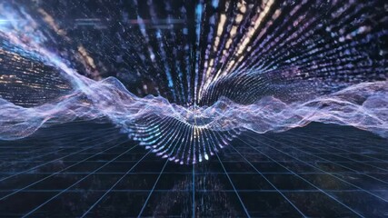 A dynamic digital landscape featuring glowing waves, vibrant grid lines, and sparkling data points illustrating futuristic technology and digital visualization methods. - Powered by Adobe