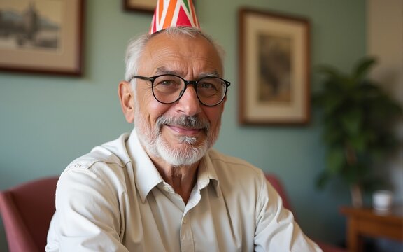 Portrait of a senior Hispanic man celebrating birthday in nursing home. High quality
