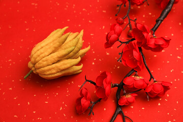 Red Background with Golden Dots, Auspicious Buddha's Hand Fruit