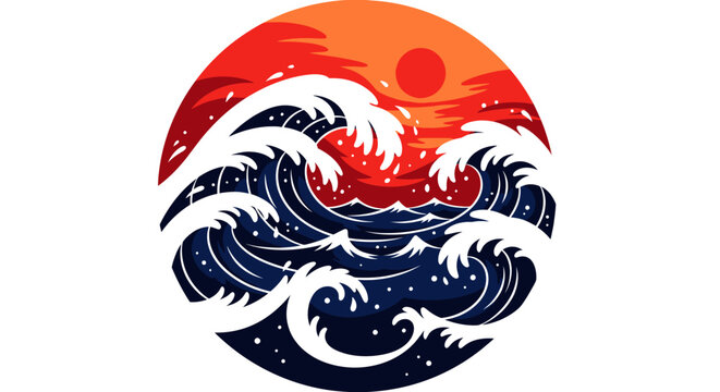 A vibrant vector illustration depicting powerful ocean waves crashing under a dramatic orange sky with a setting sun, perfect for graphic design elements.