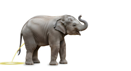 Fototapeta premium Adorable baby elephant playfully squirting water trunk raised enjoying freedom outdoors