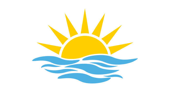 Bright yellow sun rising over stylized blue ocean waves, creating a simple yet striking vector illustration perfect for summer themes and travel designs.