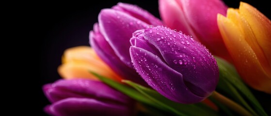 Obraz premium Fresh Purple Tulip with Dew Drops in a Vibrant Spring Bouquet