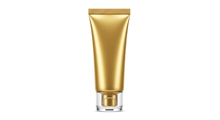 Gleaming golden cosmetic tube with a clear, cylindrical base. White background. Minimalist style