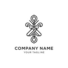 A minimalist black line art logo featuring a symmetrical, ornamental, and abstract symbol for a company brand identity.