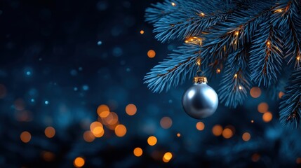 Elegant Blue Christmas Tree Branch with Silver Ornament and Golden Bokeh Lights