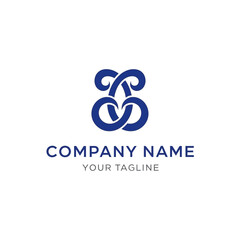 A blue abstract ornamental logo with placeholder text for a company name and tagline on a white background.