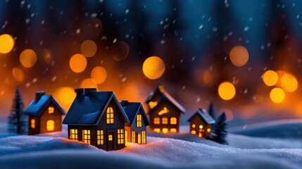 Fototapeta premium Cozy Winter Village with Glowing Houses in Snow at Night