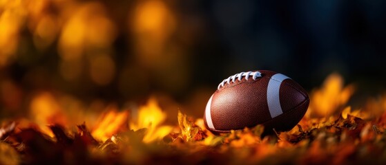 Naklejka premium American Football Ball Resting on Vibrant Autumn Leaves with Bokeh Background