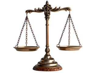 Ornate brass scales of justice, balanced and ready