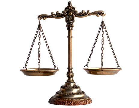Ornate brass scales of justice, balanced and ready