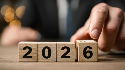 Wooden blocks displaying the year 2026 with a hand placing the last block