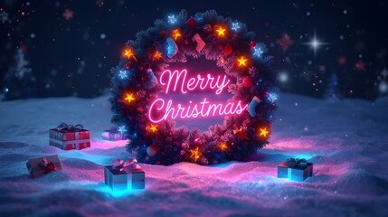 Christmas wreath with neon light on the snow