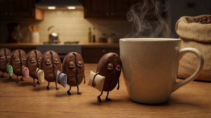 Sleepy, anthropomorphic coffee beans carrying tiny pillows shuffle in a line toward a steaming mug in a cozy kitchen setting - Generative AI