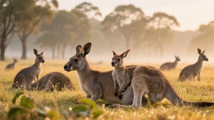 Group of kangaroos resting in a grassy field during golden hour