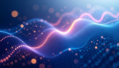 Futuristic digital surface with a vibrant glowing wave representing data flow and sound energy in a modern network concept