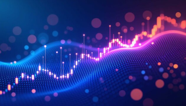 Abstract digital technology background illustrating global business investment trading trends with bright pink and blue light