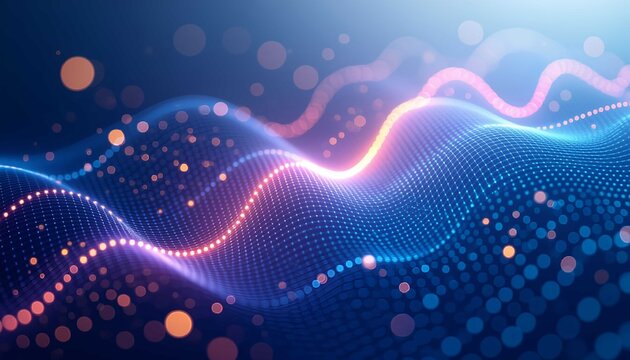 Futuristic digital surface with a vibrant glowing wave representing data flow and sound energy in a modern network concept