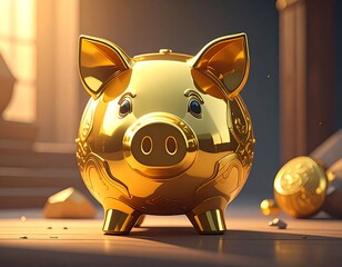 Gleaming, golden piggy bank, indoors. Light streams in. Financial metaphor, concept