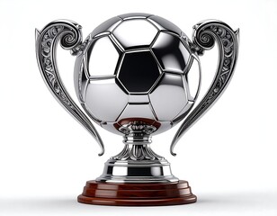 Gleaming silver trophy, soccer ball design, ornate detailing, wood base, set against a white backdrop