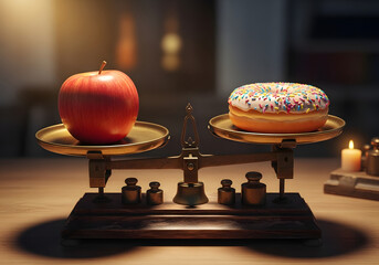 Balance scale with apple and donut under warm lighting showing healthy versus indulgent contrast