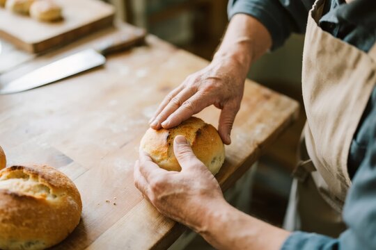 Baker handling freshly baked bread on a wooden table - Powered by Adobe