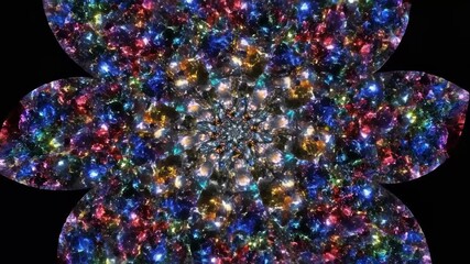 Vivid digital fractal and kaleidoscopic patterns featuring shimmering gemstone-like lights and intricate symmetrical designs with vibrant multicolored effects