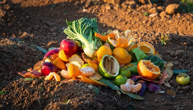 Organic food waste like fruit peels and vegetable scraps on a textured surface, showing natural decomposition concept. - Powered by Adobe