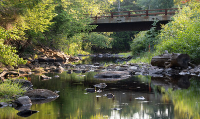 Bridge over a Calm River Running Through a Deciduous Forest in Maine
