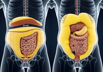 Educational cross section of human abdomen anatomy showing digestive organs and adipose tissue