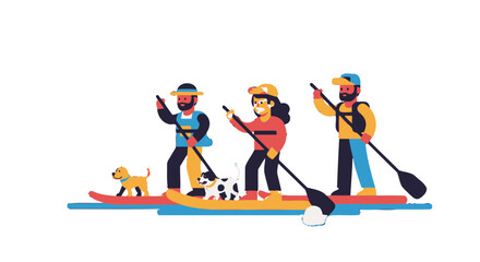 Fototapeta premium People Enjoying Paddleboarding with Pets on the Water, A Summer Outdoor Adventure Scene