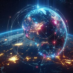 Global network visualization with Earth and interconnected data lines in a celestial scene