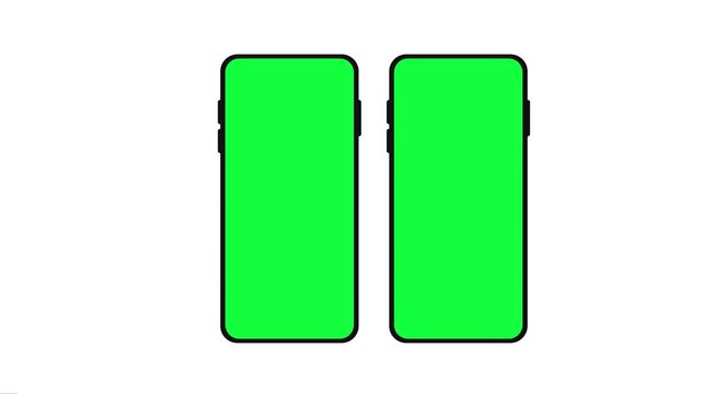 Two smartphone mockups with green screen for content replacement move forwardly on white background