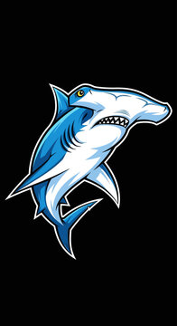 An aggressive cartoon hammerhead shark mascot illustration with a fierce expression on a solid black background.