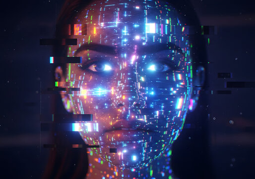 Futuristic digital portrait glitch lights neon circuitry on transparent background
