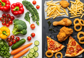 Fresh vegetables and fried snacks split layout on light and dark surfaces with vibrant colors