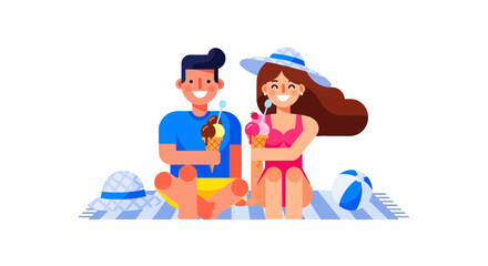 Obraz premium Summer Bliss: Couple Relaxes Together Enjoying Ice Cream on a Beach Blanket