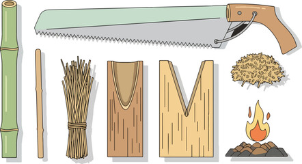 Wooden Firewood Cutting Tools with Fire Starting Elements Illustration