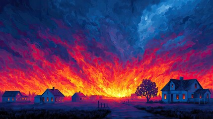 Residential houses consumed by intense wildfire concept. A vibrant sunset scene with fiery colors illuminating the sky.