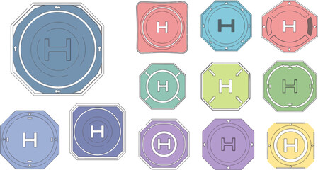 Colorful Helicopter Landing Pad Symbols in Various Shapes and Colors