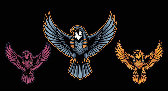 Three stylized falcons with outstretched wings, inspired by ancient Egyptian art, in blue, pink, and gold.